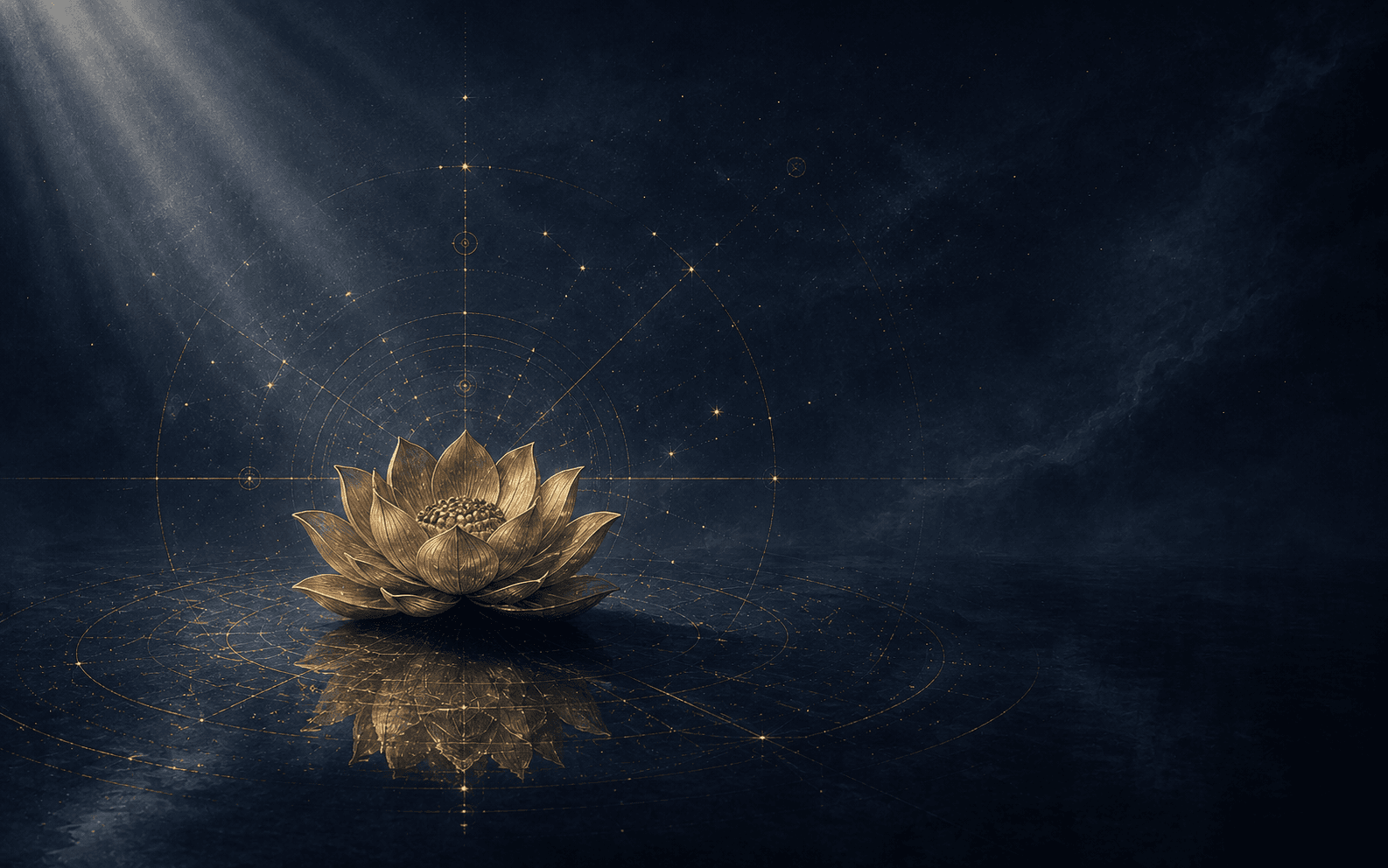 《妙用》课程封面：深空之下盛开的青铜金色莲花，上方金线星图向八方辐射